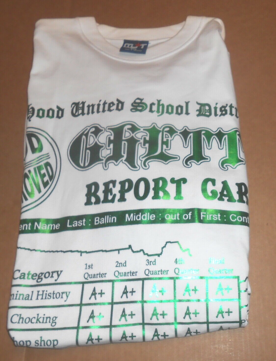 Vintage Ghetto Report Card T-Shirt RARE NYT 3XL (metallic green)
