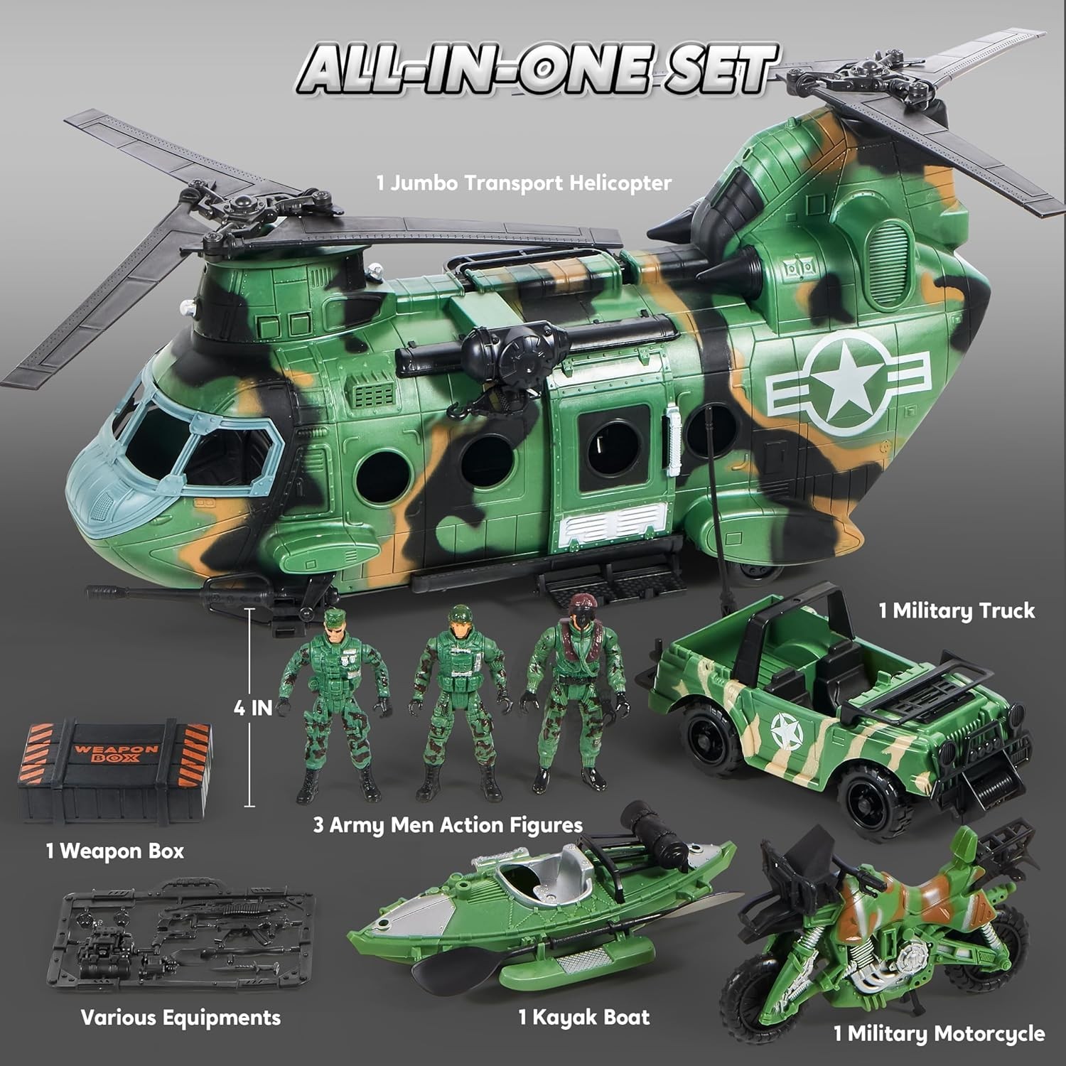 10-In-1 Military Helicopter Toys Set with Light, Sound, Trucks, Boat, Bike, Army