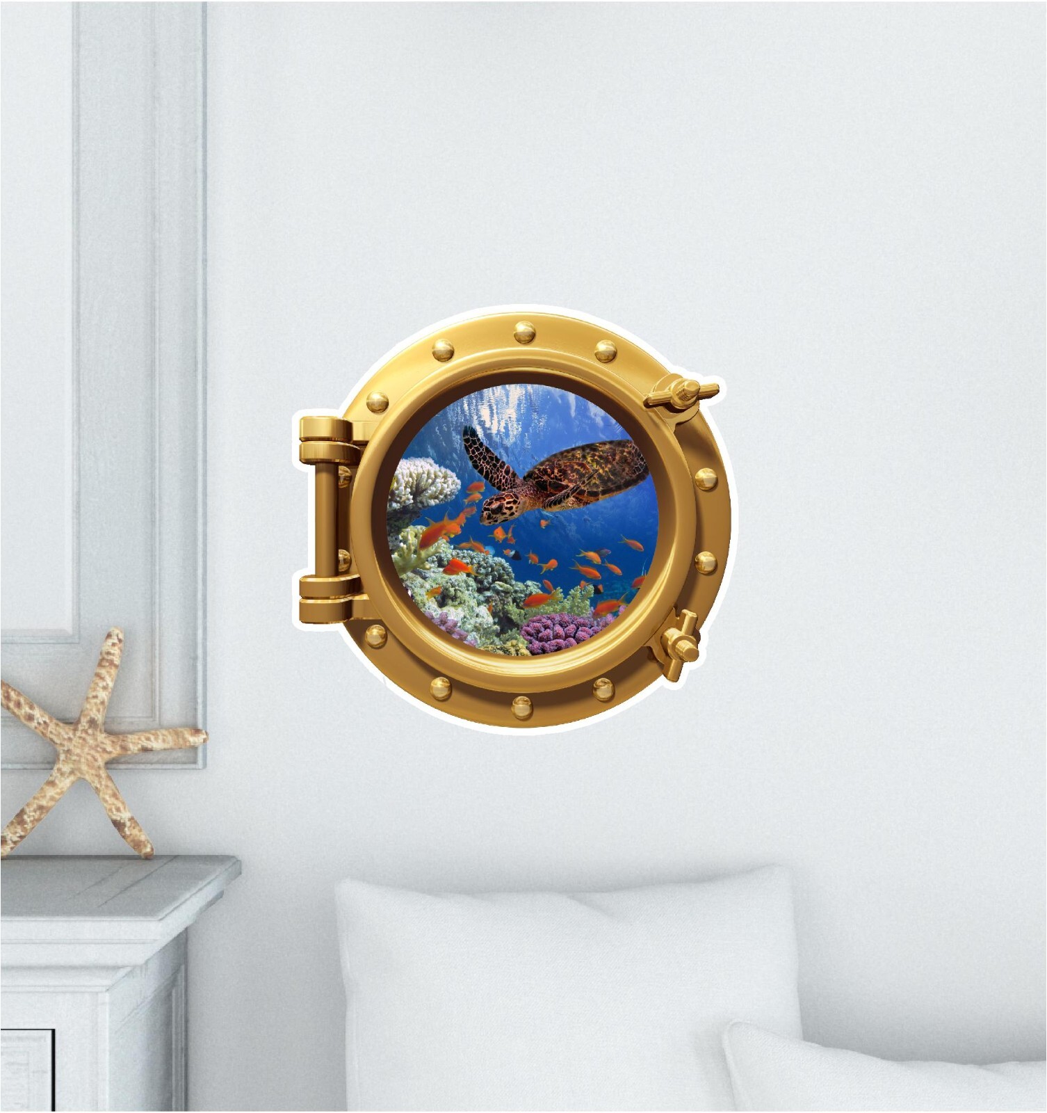 Ocean Coral Reef Turtle Fish Porthole Sticker Cute Decal Sea Beach Theme 16"x16"