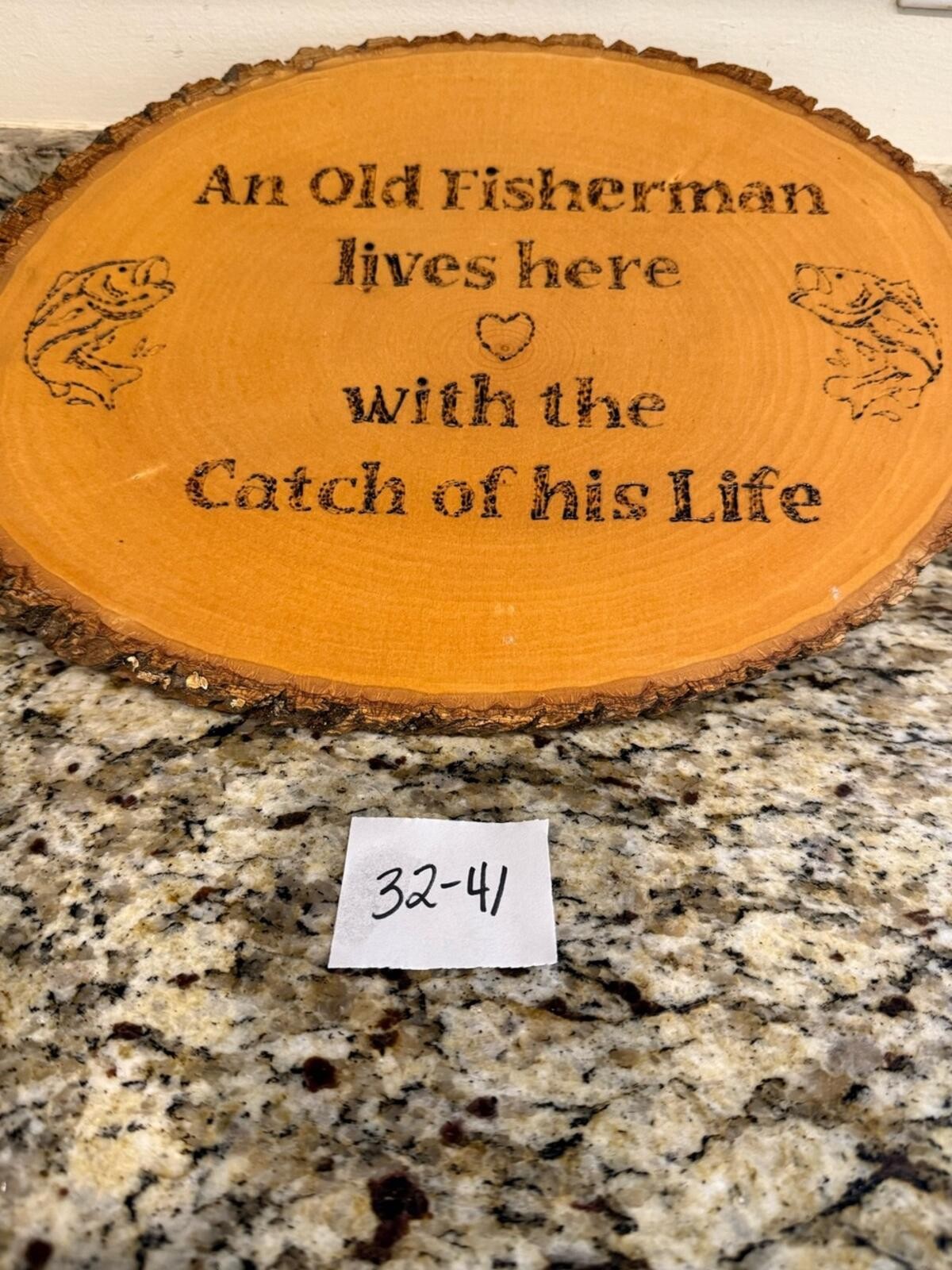 Fisherman natural wooden oval engraved plaque bark trim