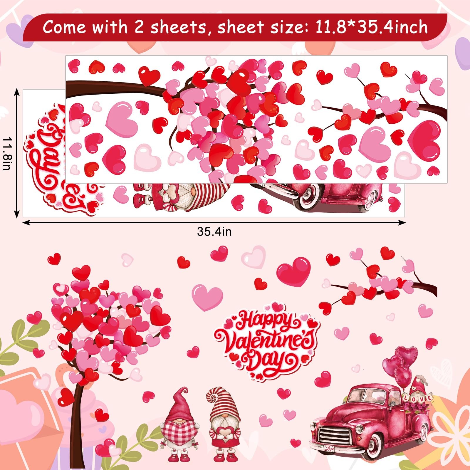 35.4 x 11.8 Inch Valentine's Day Heart Tree Wall Stickers Pink Red Gnome Truck L