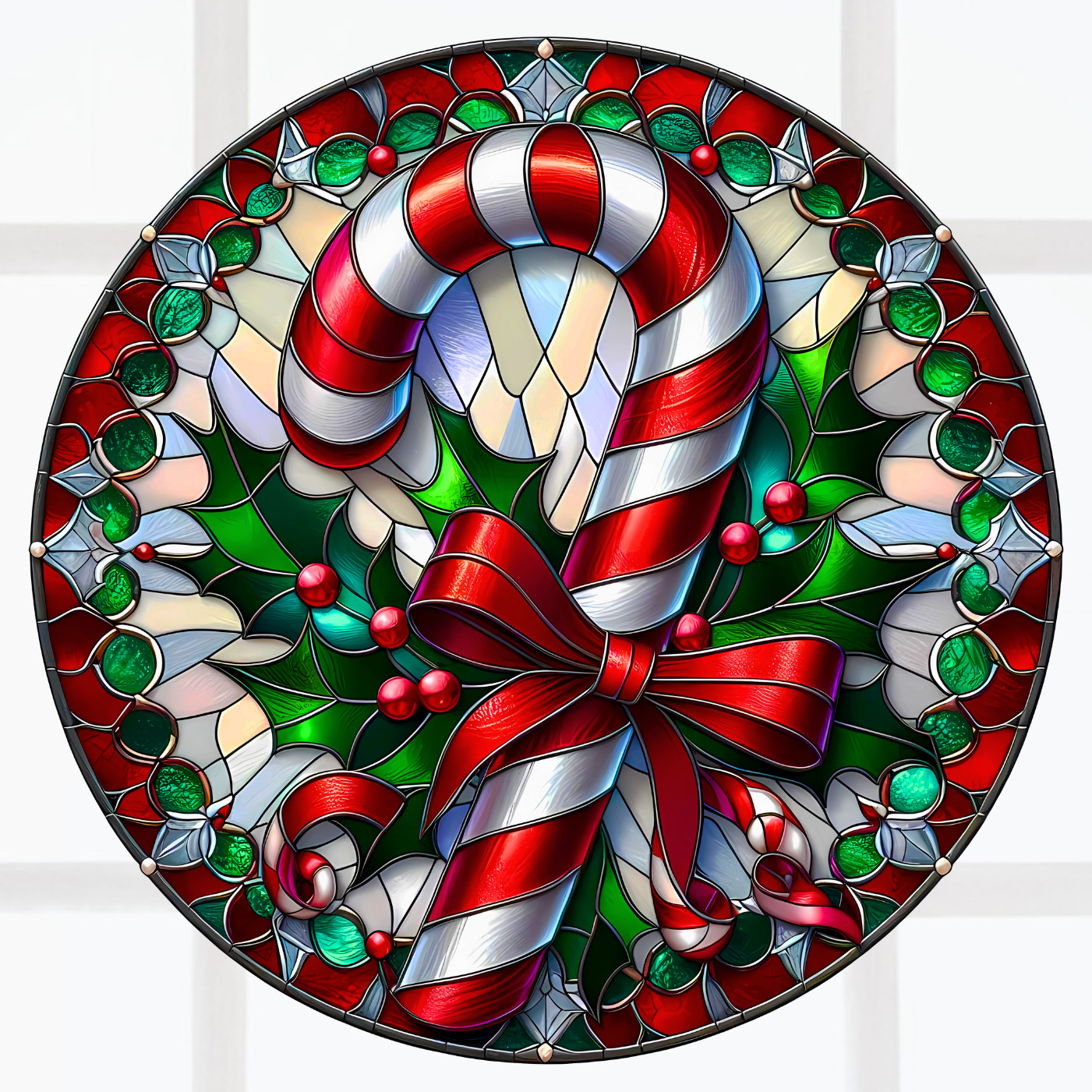Christmas Candy Cane Faux Stained Glass WINDOW CLING 8" Round Vinyl