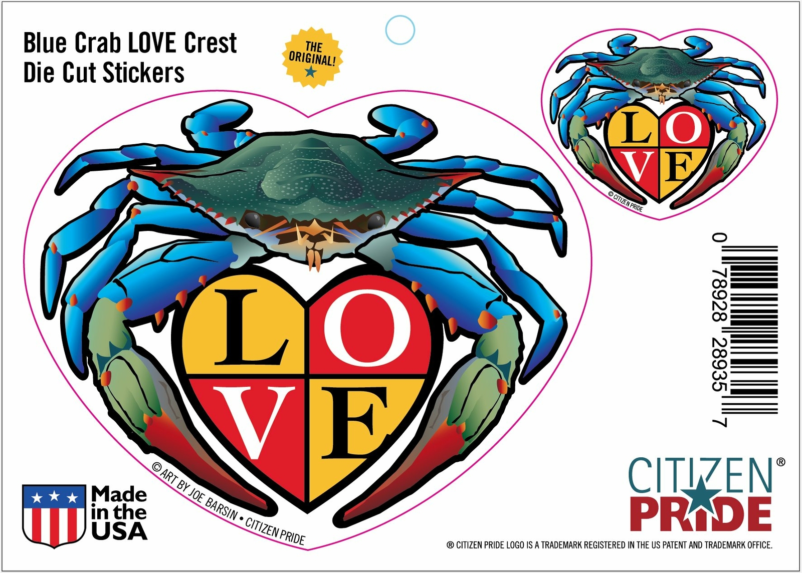 Blue Crab LOVE Crest Die Cut Stickers, 5×4" & 2×1.7"