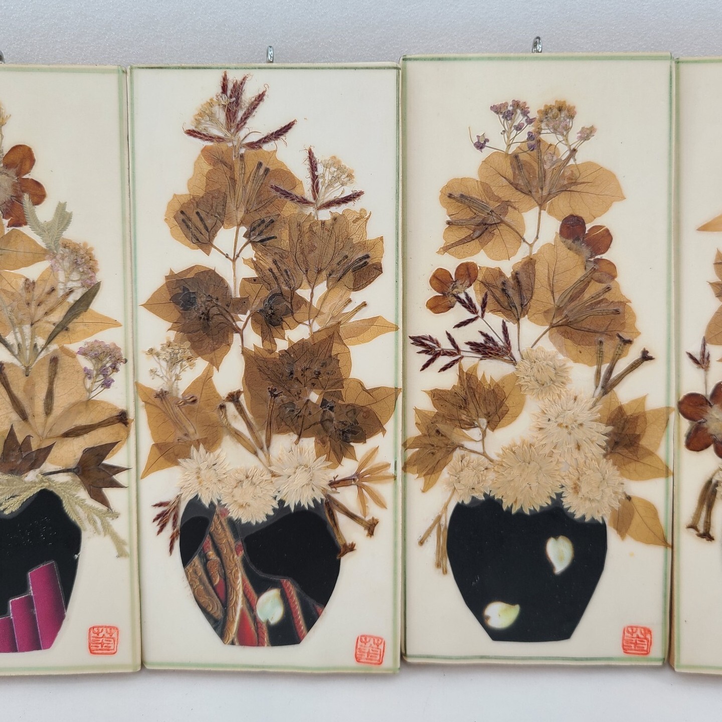 Set of 5 Asian Pressed Flower Art Panels Botanical Oshibana Style Wall Hanging