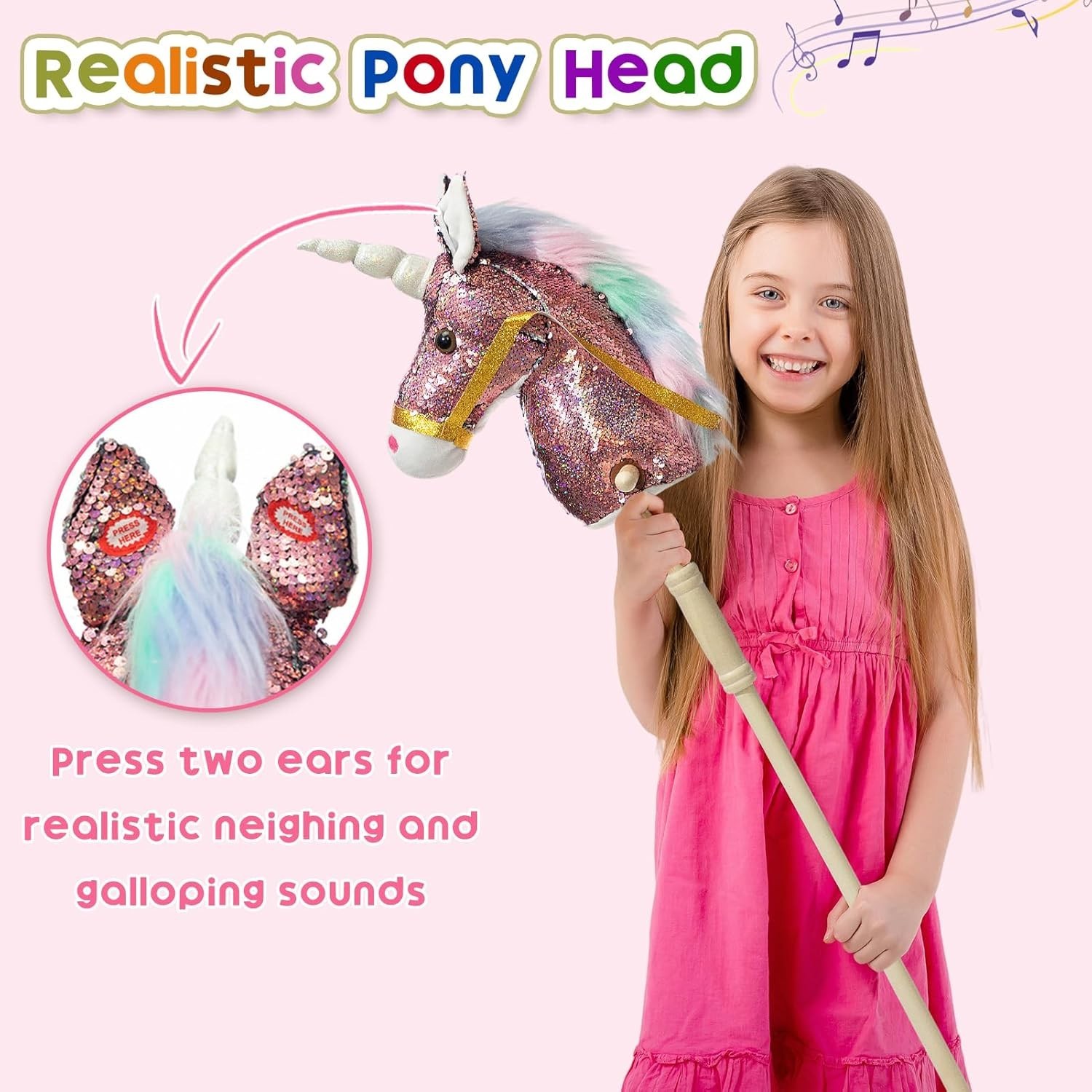 Sequin Unicorn Stick Horse Handcrafted Hobby Horse on a Stick with Wood Wheels R