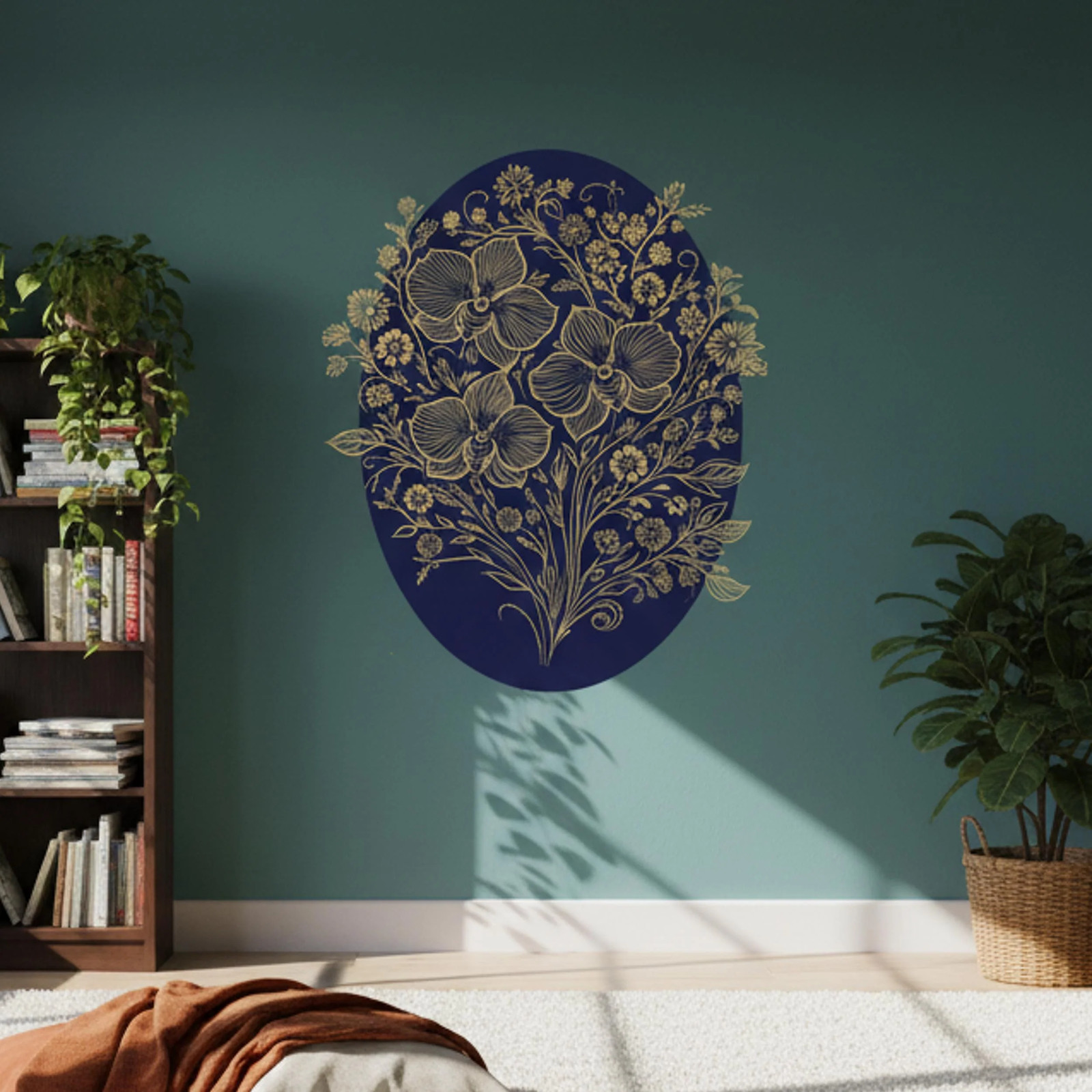 Gold Filigree Orchid Decal | Navy Blue Floral Mural