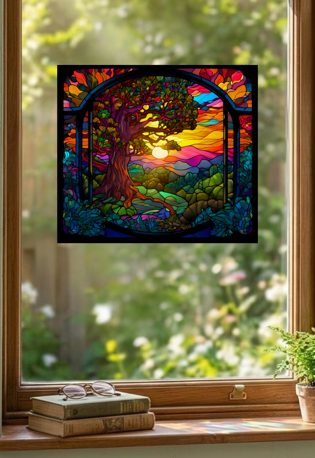 Tree at Sunset Faux Stained-Glass WINDOW CLING Size 9" Repositionable Vinyl