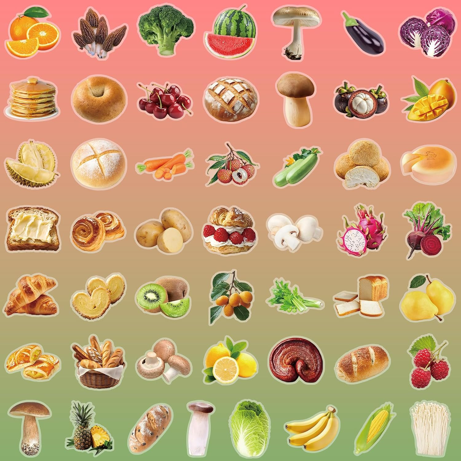 200Pcs Transparent Food Stickers – Fruit, Vegetable, Bread, Mushroom Decals