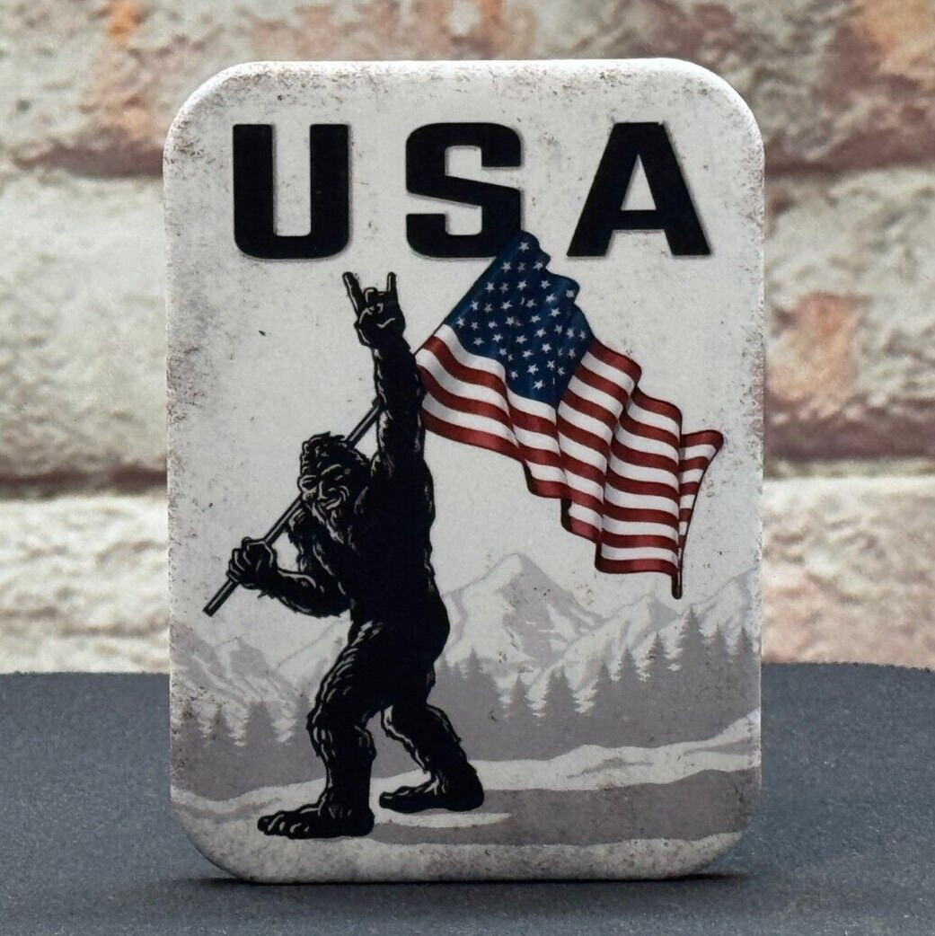 Sasquatch with American Flag – USA – Refrigerator / Toolbox Magnet