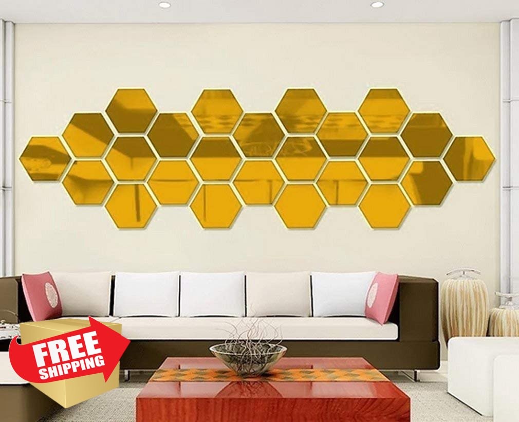 MCLEULLA Gold Hexagon Mirror Wall Stickers 12PCS