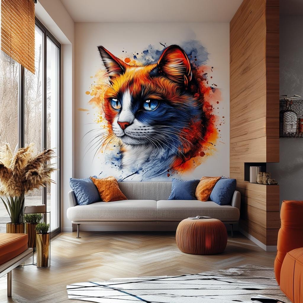 Calico Cat Wall Decal – Blue Eyed Domestic Shorthair Cat Sticker – Abstract