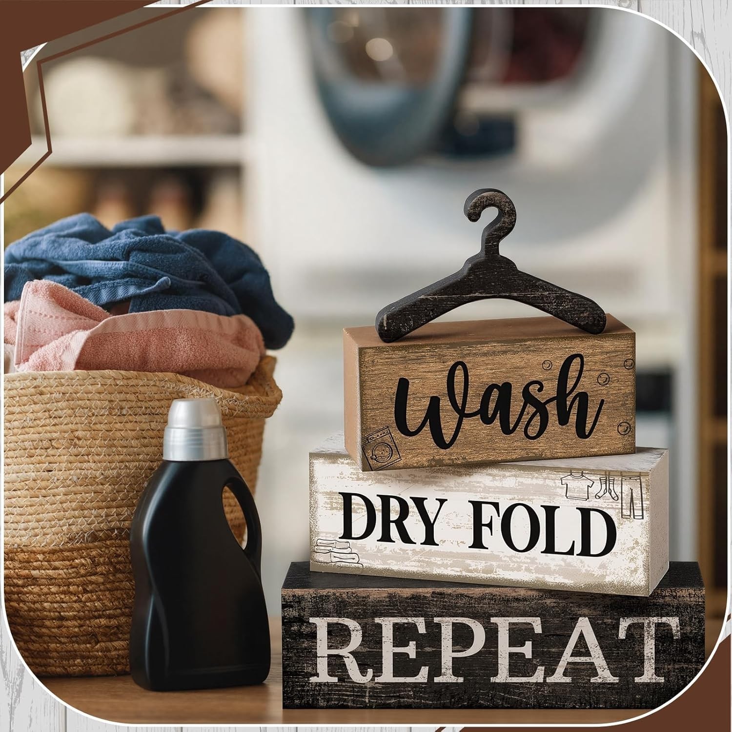 4 Pcs Farmhouse Laundry Room Decor Stacked Blocks, Wash Dry Fold Repeat Woode…