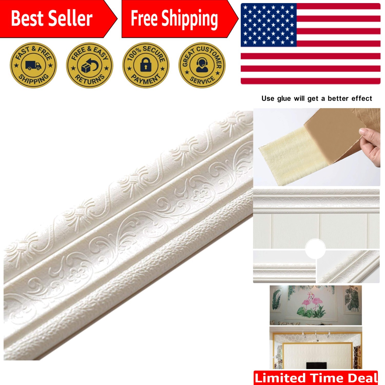 Elegant 3D Self-Adhesive Molding Trim, 90×3 Inch Decorative Wallpaper Border
