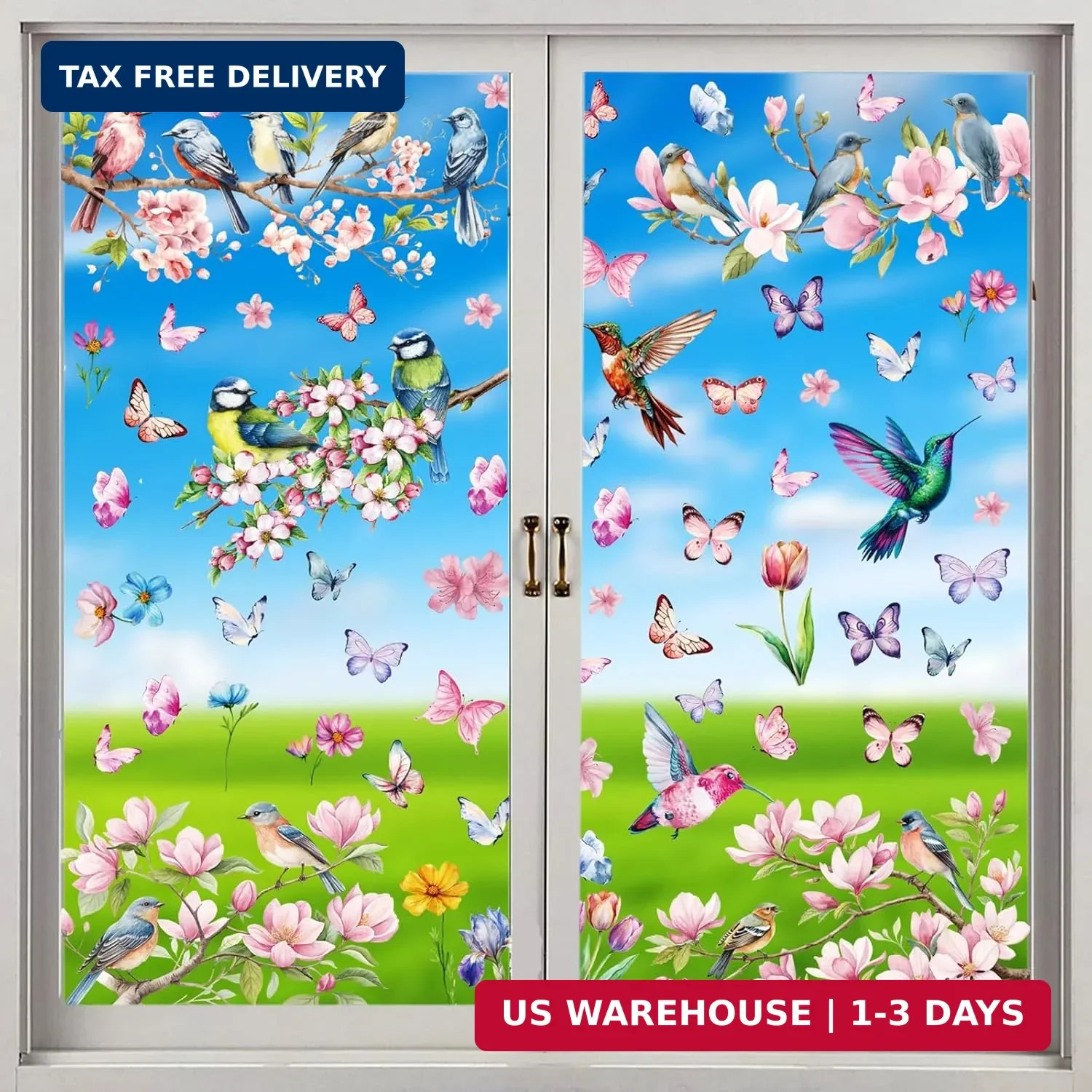 Spring Window Cling Sticker – 78PCS Tulip Butterfly Flower Hummingbirds Window D