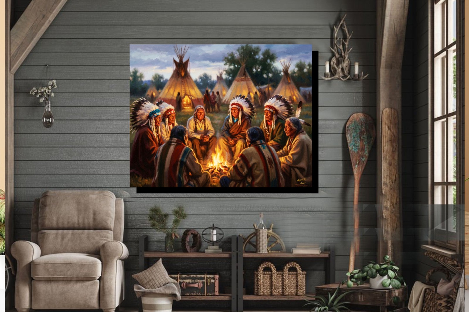 The War Council Native American Indian Art Historic Oil Painting SN/LE 25 Prints