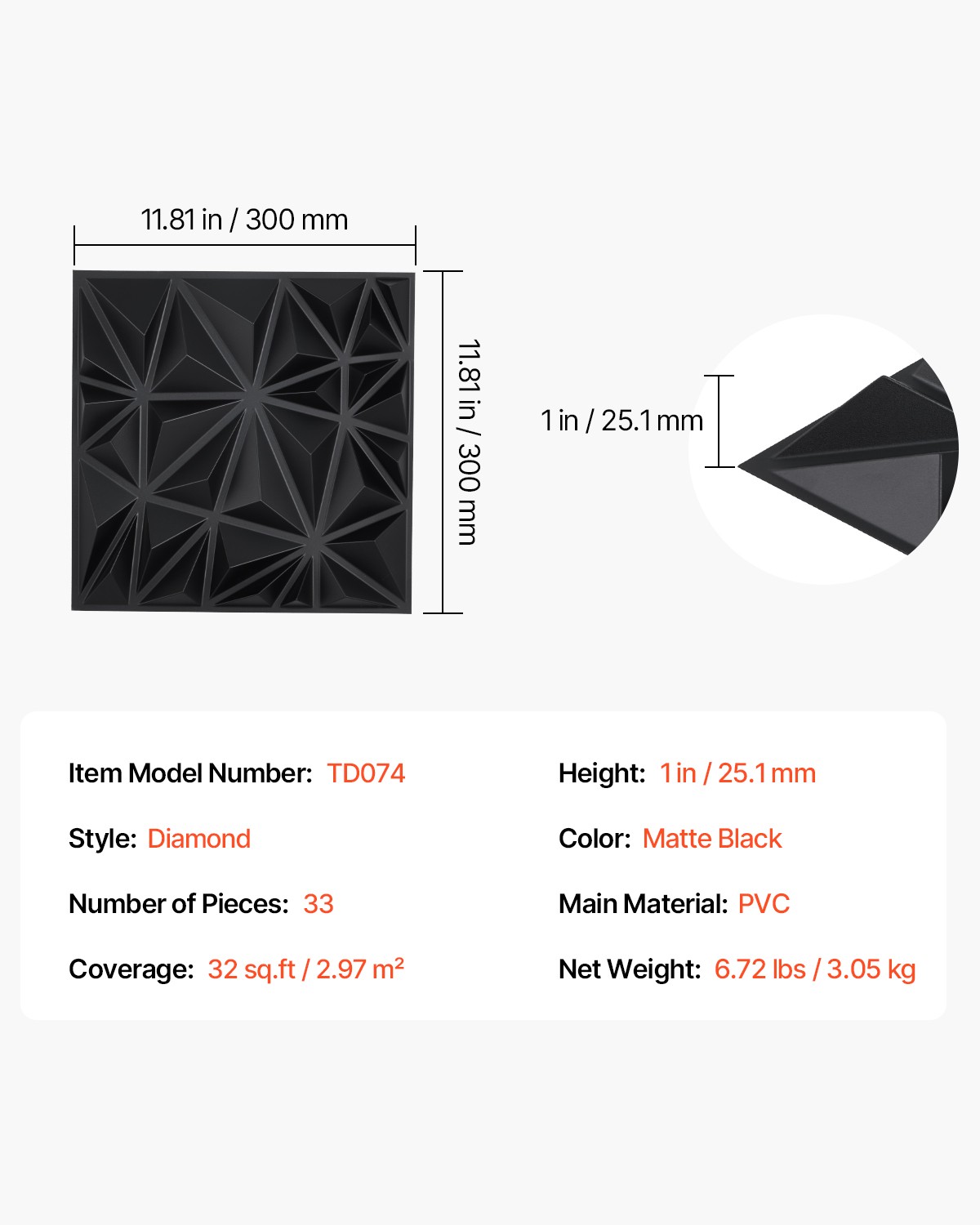 VEVOR 3D Wall Panels 33-Pack 11.81 x 11.81" PVC 32 Sq.Ft Coverage Diamond Matte