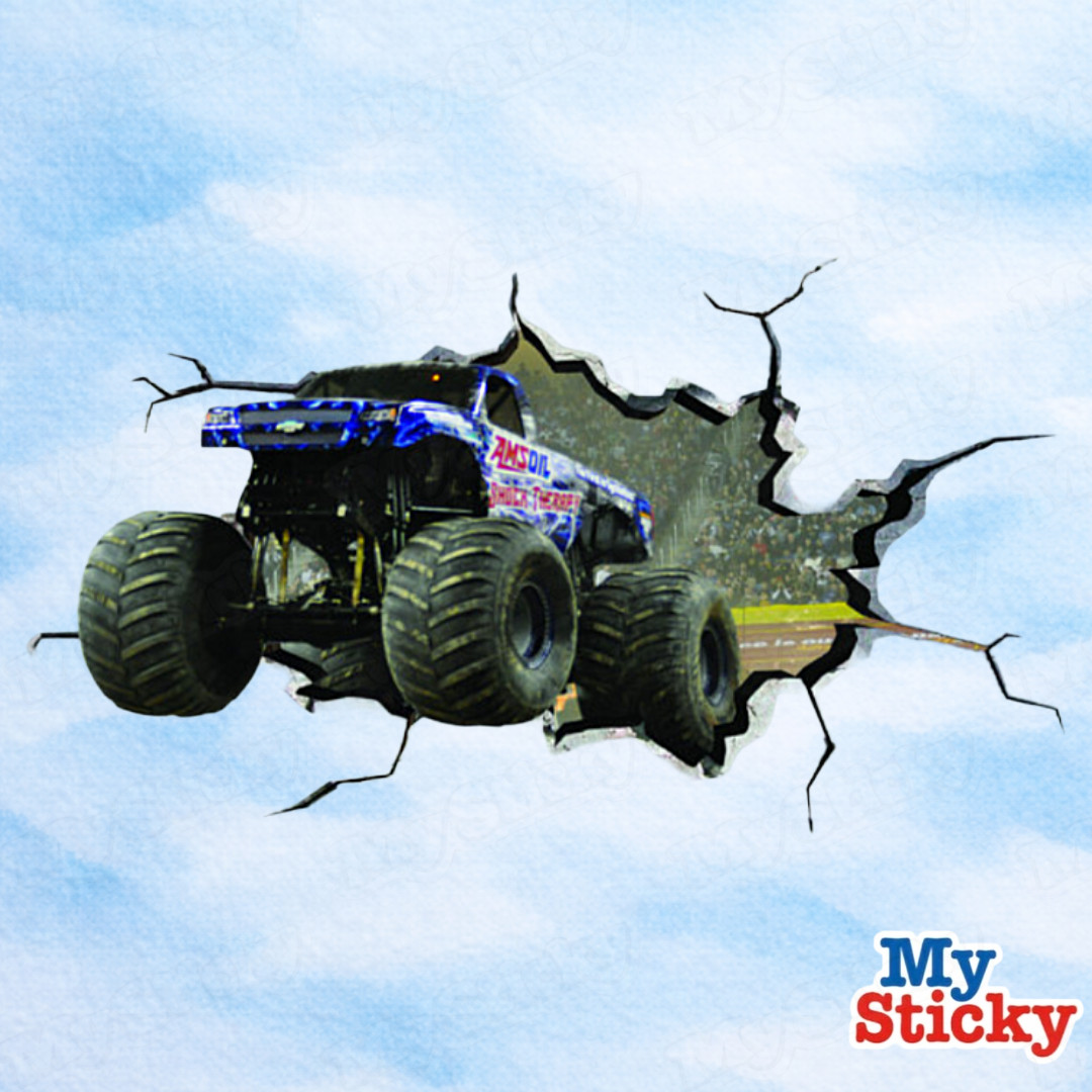 Monster Truck Cracked Wall Effect Sticker Mural Decal Graphic Boy Bedroom WSD401