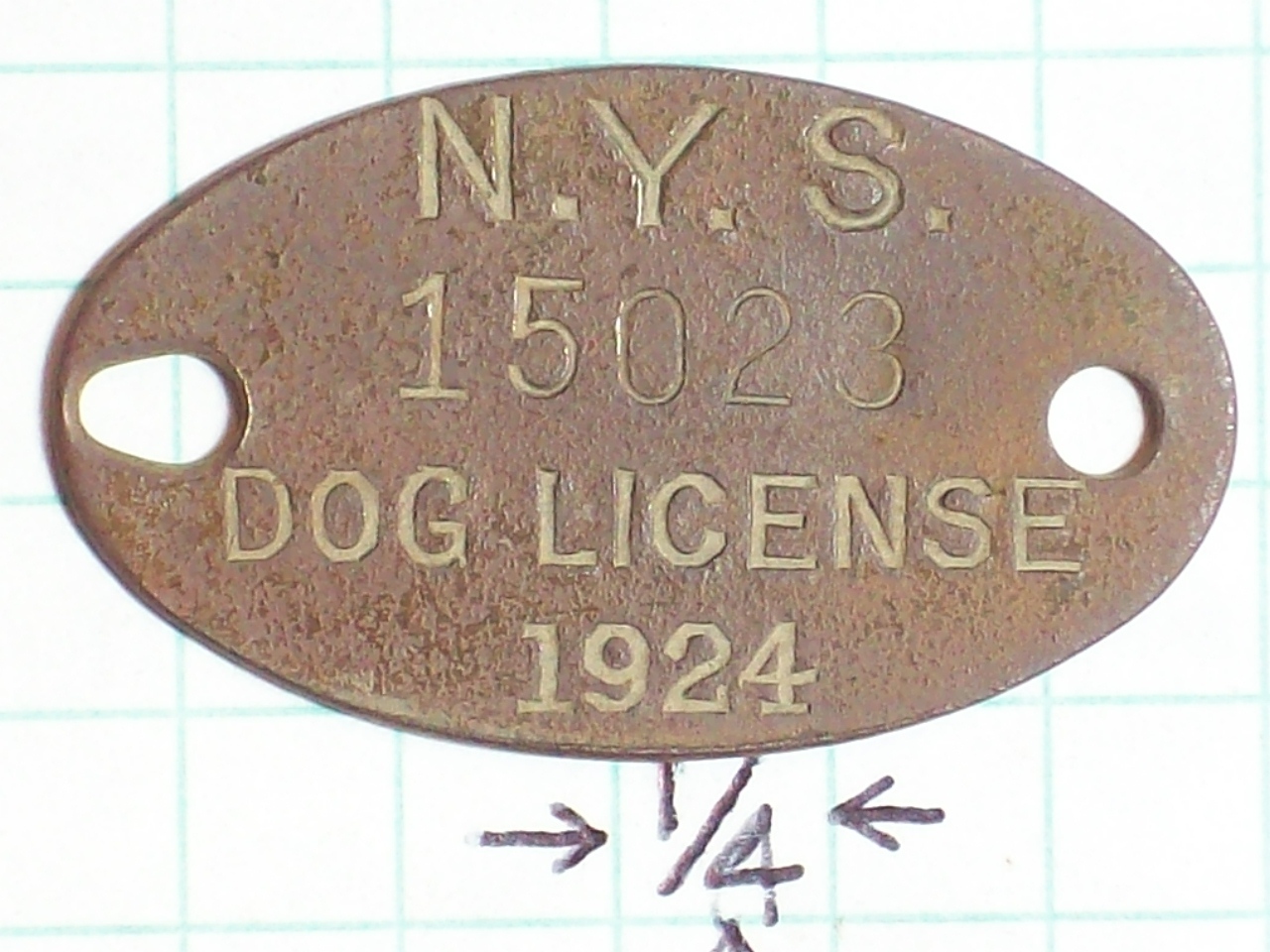 CANINE DOG TAG 1924 N.Y.S. DOG LICENSE 15023 METAL COPPER OVAL 1 3/8” x 13/16” C