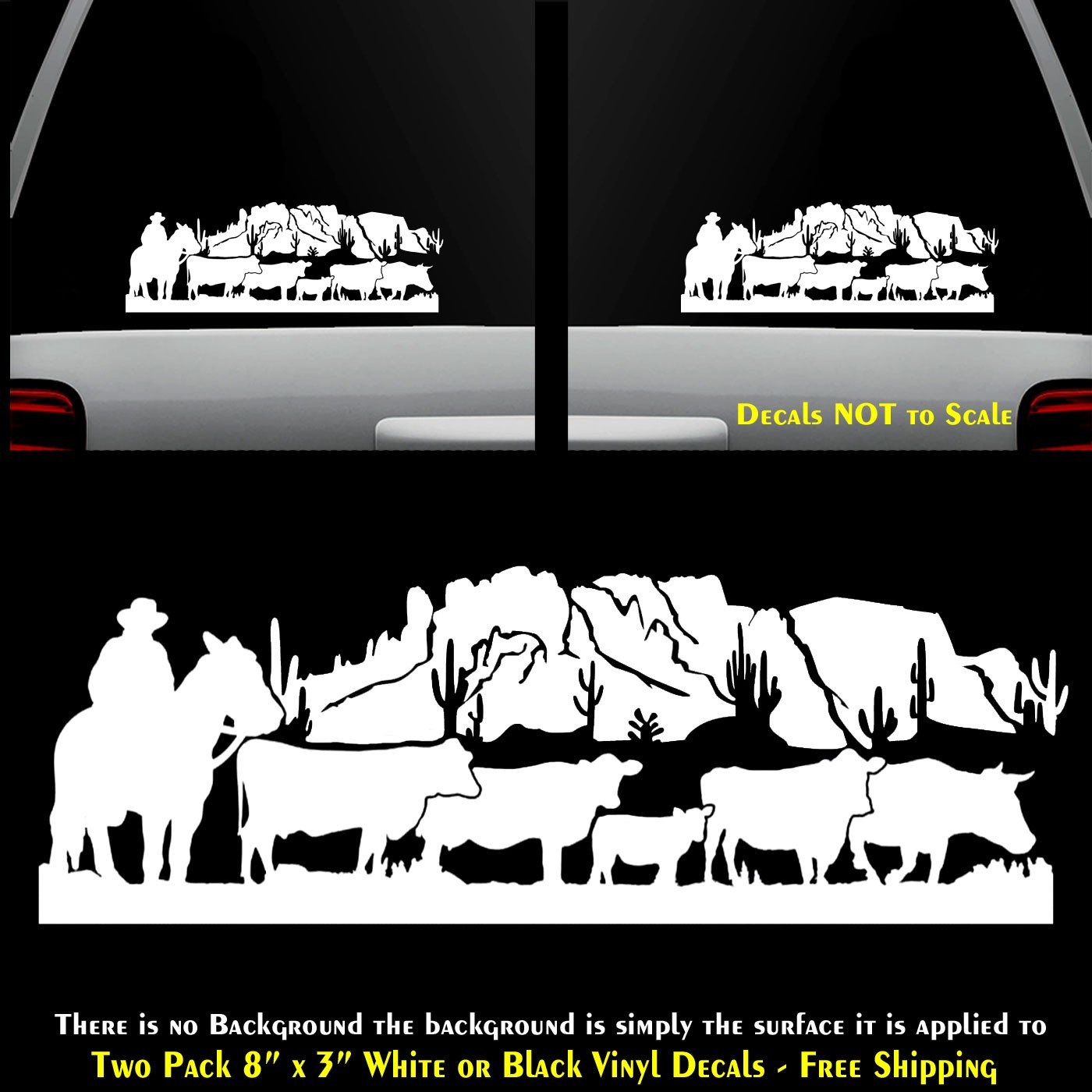 Cowboy Cattle Drive Cow Ranch Cactus Desert 2 Pack 8" x 3" Vinyl Decals Vehicles