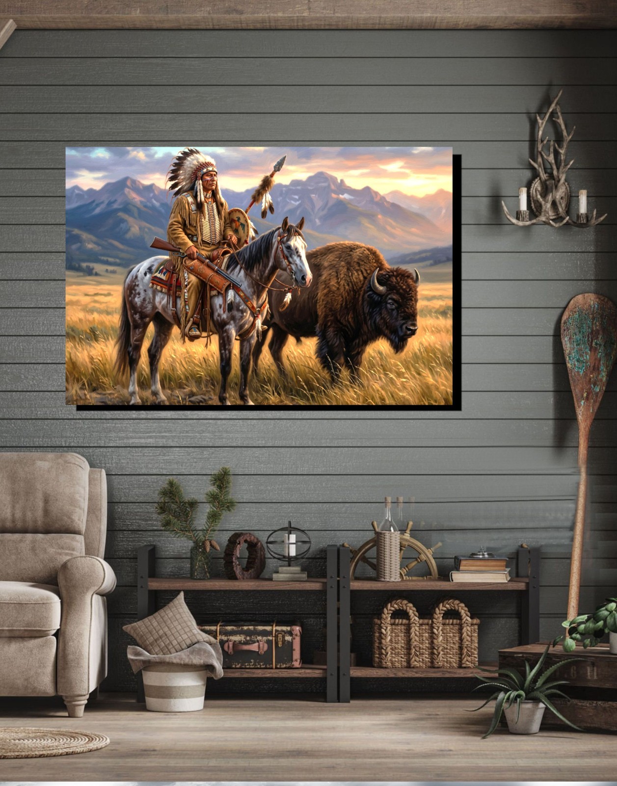 Native American Indian Chief & Buffalo, Best Friends Gallery Canvas Wrap SN/LE