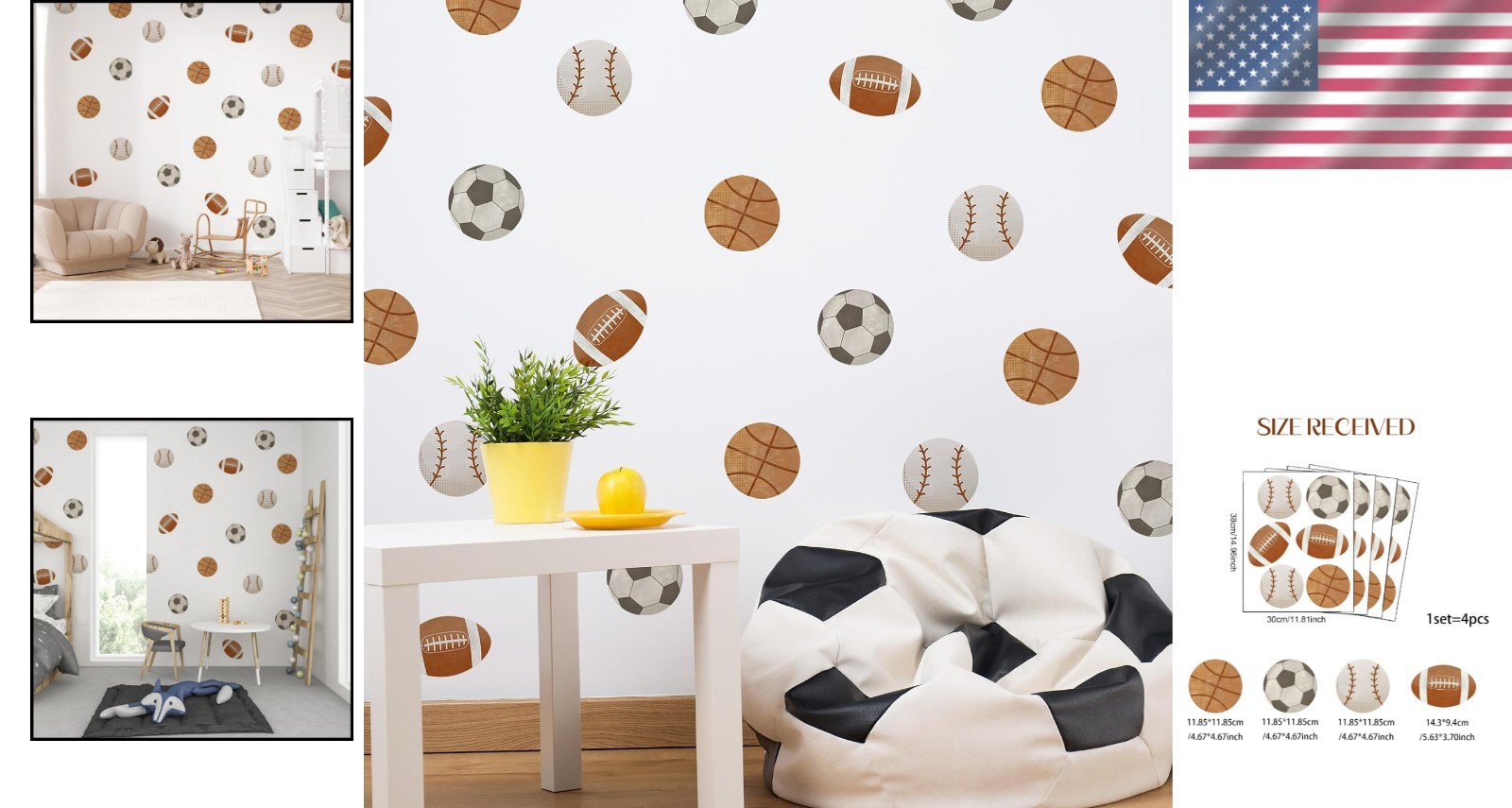 Sports Balls Wall Decal Football Basketball Soccer Rugby Baseball Kids Room D…