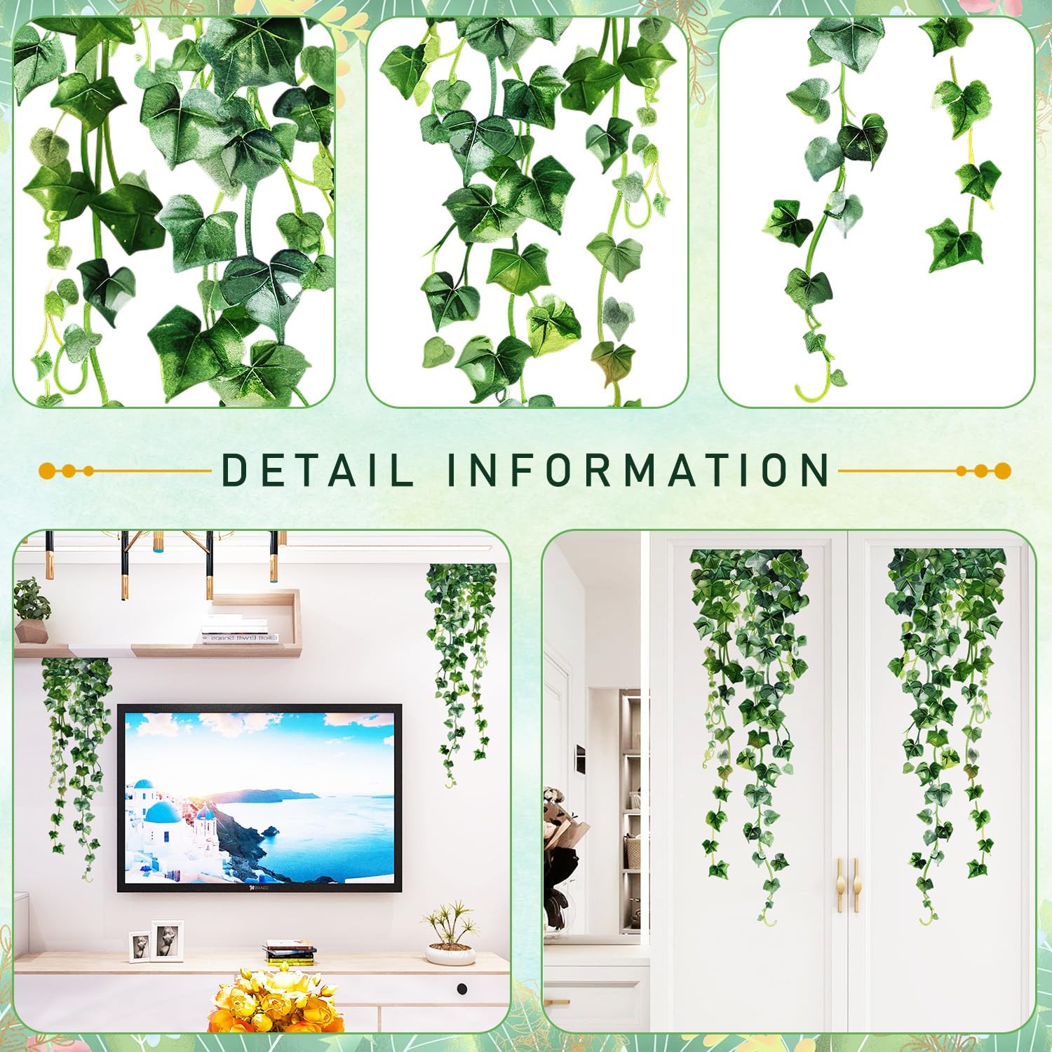 Green Plants Leaves Wall Decals Hanging Vine Wall Stickers Fresh Green Leaf Wall