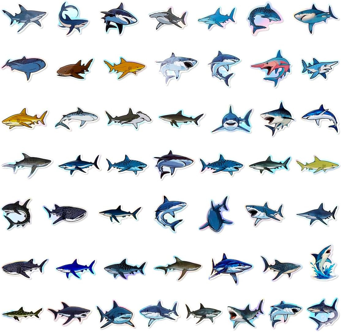 100Pcs Holographic Shark Waterproof Vinyl Stickers for Decor & Party Favors