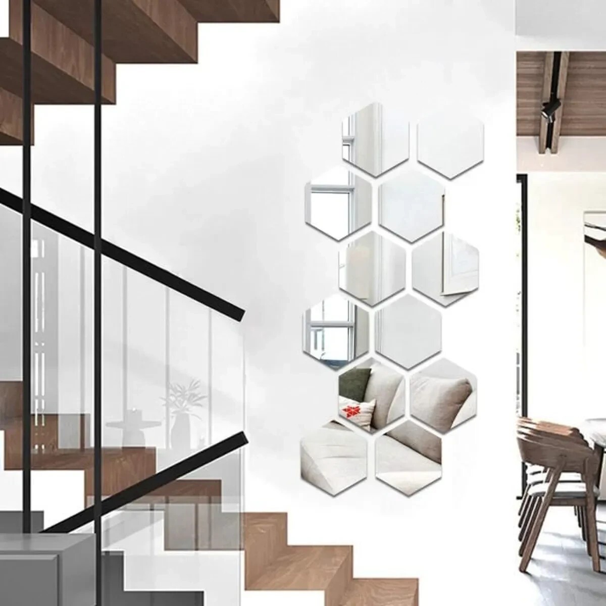 Mirror Adhesive Sticker Acrylic 12pcs Hexagon Decor 17.7cm x 15.3cm