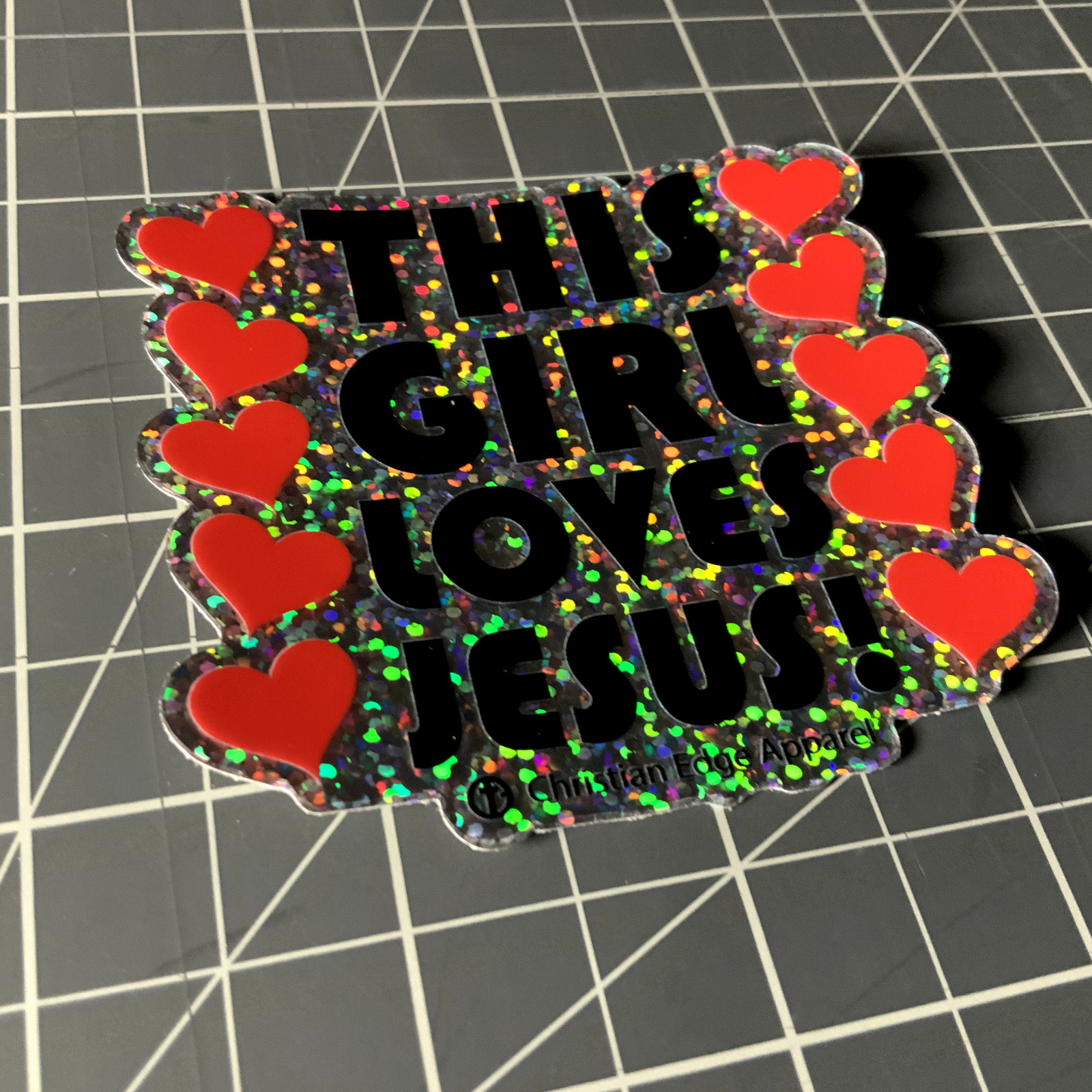 This Girl Loves Jesus Glitter Vinyl Sticker 3” CEA Red Heart Christ Bible Bottle