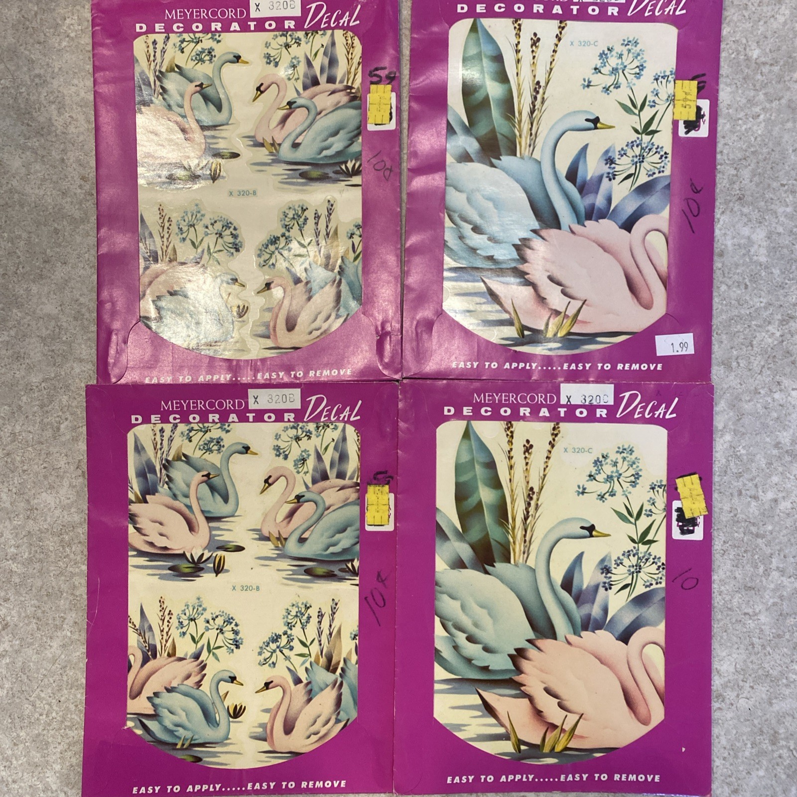 VTG Meyercord Decorator Decals Pink & Blue Swans Wall or Anywhere Decor