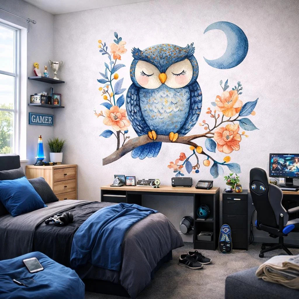 Sleeping Owl Wall Decal | Watercolor Nursery Art