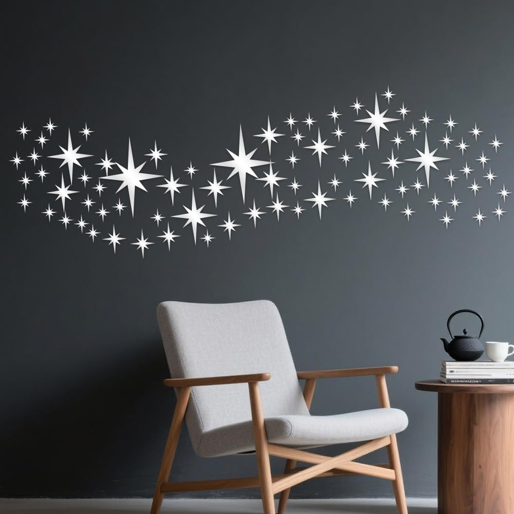 71 Pcs Silver Star Stickers, 3D Acrylic DIY Star Mirror Wall Stickers Decor, Rem