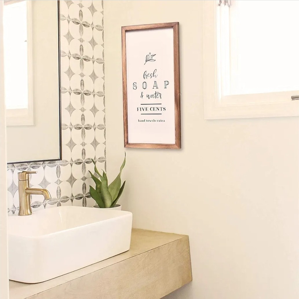 House Bathroom Decor – Modern Rustic Wall Art 8 x 17" – Fresh Soap and Water