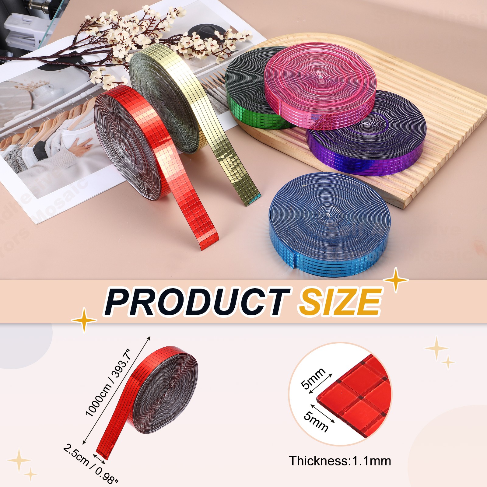 5x5mm Self Adhesive Mirrors Mosaic Tiles, 10000 Pcs Mosaic Sticker, Red
