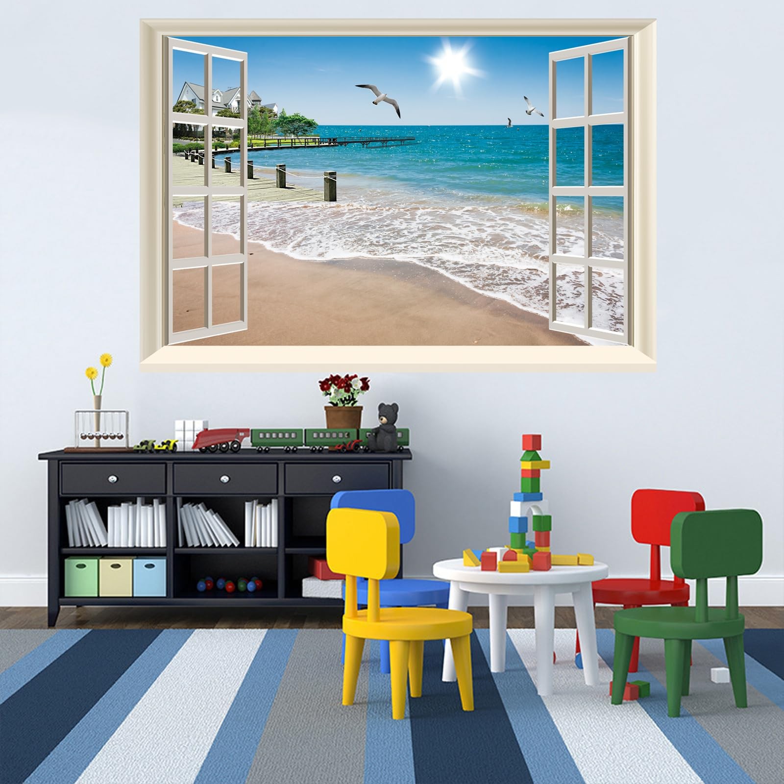 Fake Window Wall Decal, Summer Beach Seascape Peel and Stick Wall Sticker, Fa…