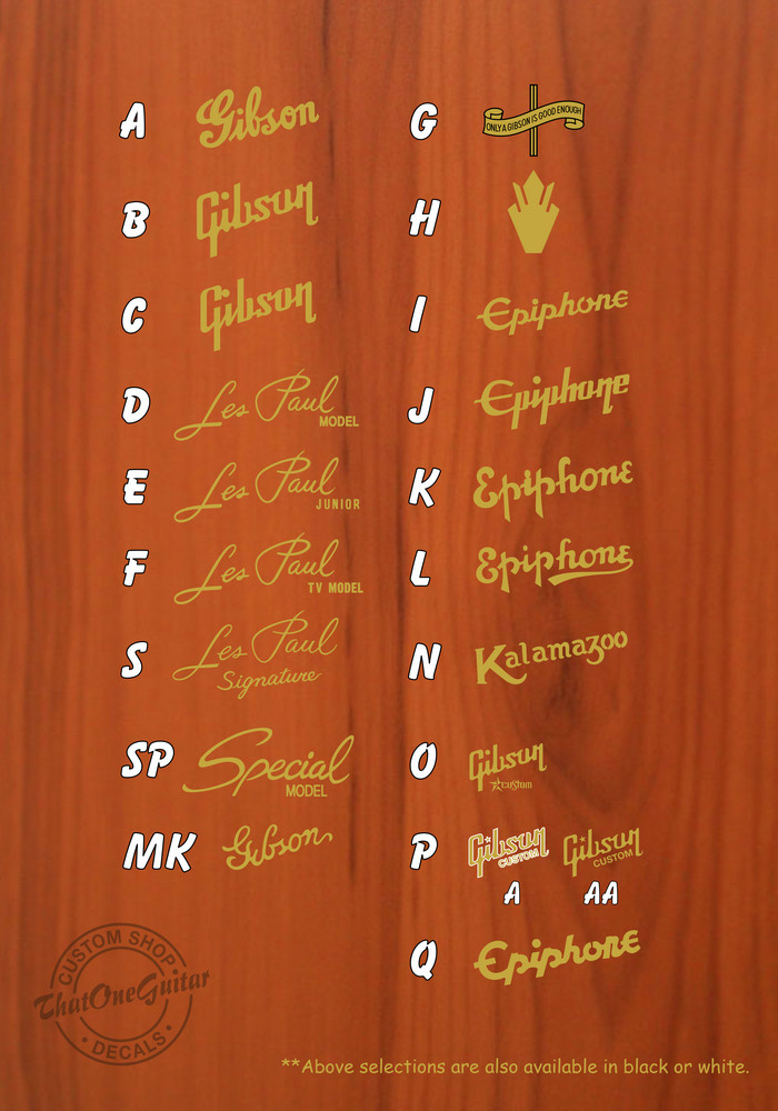 Metallic Gold G ibson E piphone Guitar Headstock Water Slide Decals (Select 1)