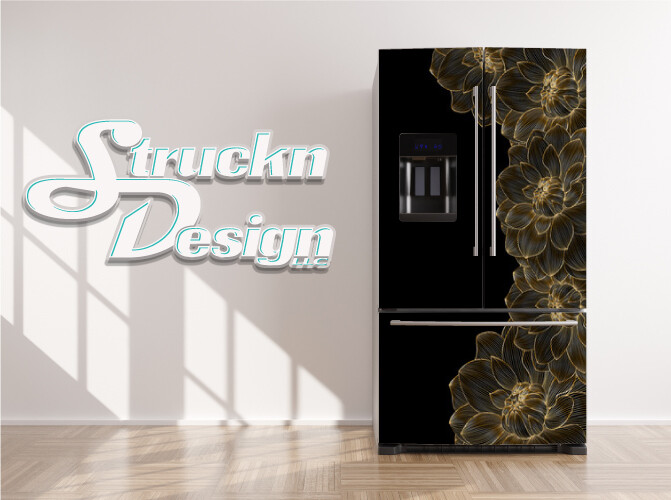 Floral Black Dark Gold Art Deco Fridge Freezer Wrap Side Door Vinyl Decal