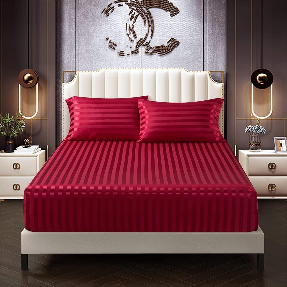 6 Piece Satin Italian Style Bed Sheet Set Deep Pocket Stripes Super Sof…