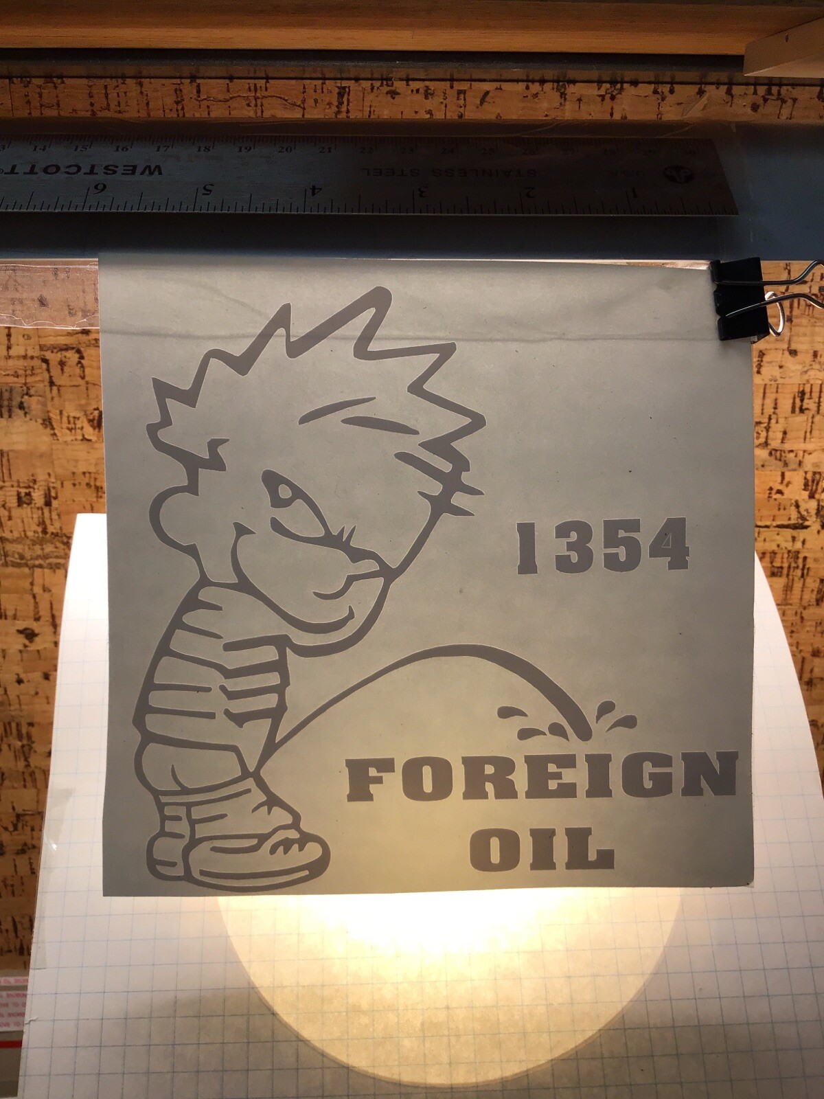 Calvin Pee On Foreign Oil BIG -WHITE- Vinyl Sticker Decal- MM4.1353