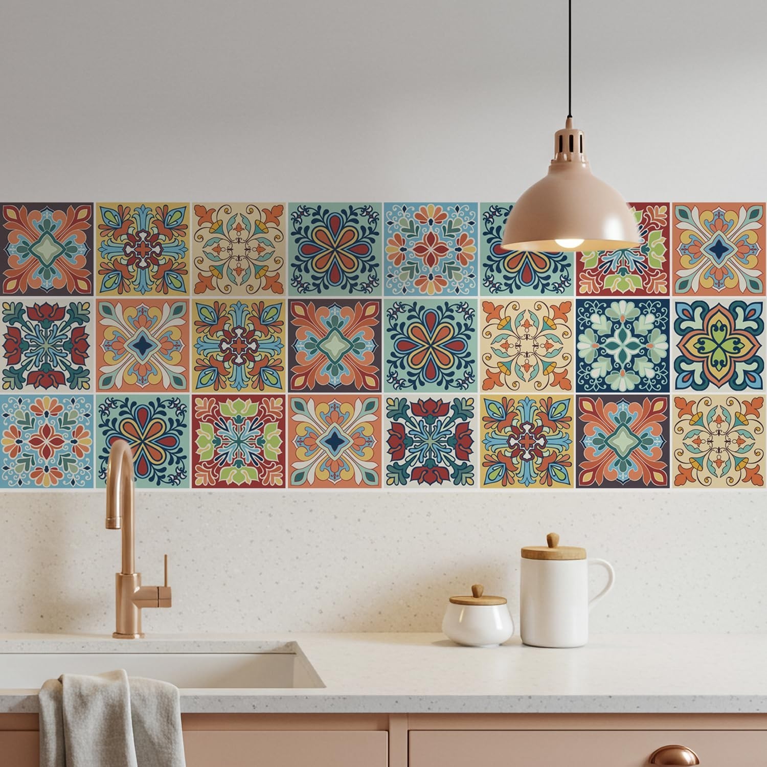 30 Pack, 4×4 Inch Colorful Bohemian Tile Stickers, Peel and Stick Patchwork V…