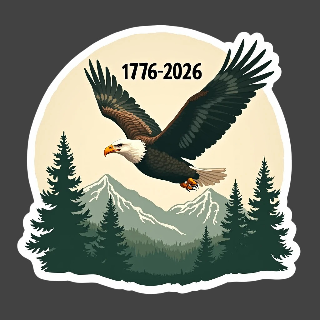 250 Years Sticker Vinyl Decal Bald Eagle Forest 1776 2026 Patriotic USA
