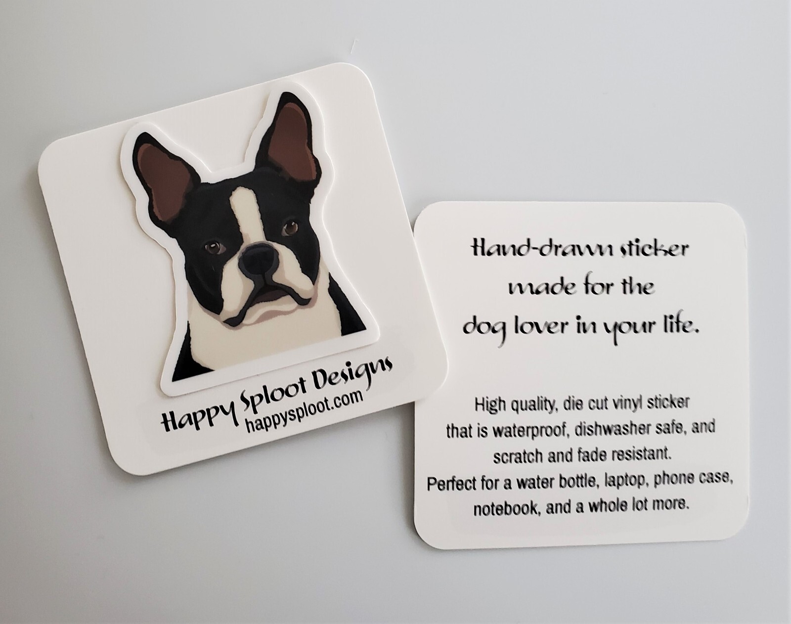 Black Boston Terrier Dog Sticker Water Bottle, Laptop, Phone, Dishwasher Safe