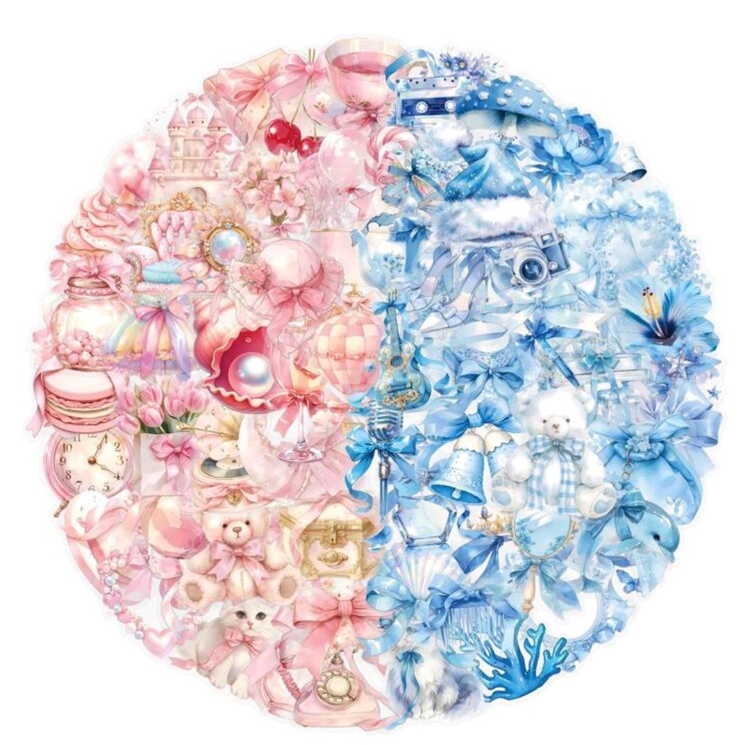 30Pcs Powder Blue&Pink Coquette Transparent PET Stickers Aesthetics Scrapbooks