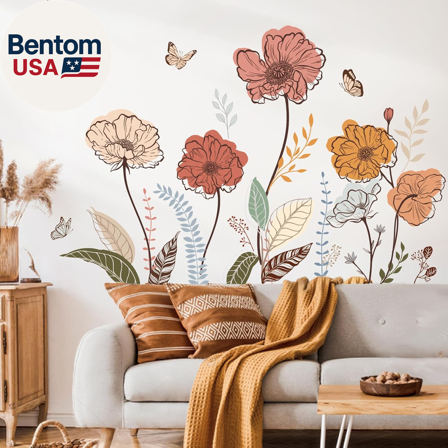 Boho Flower Wall Stickers Wildflower Floral Grass Peel and Stick Wall Art Decals
