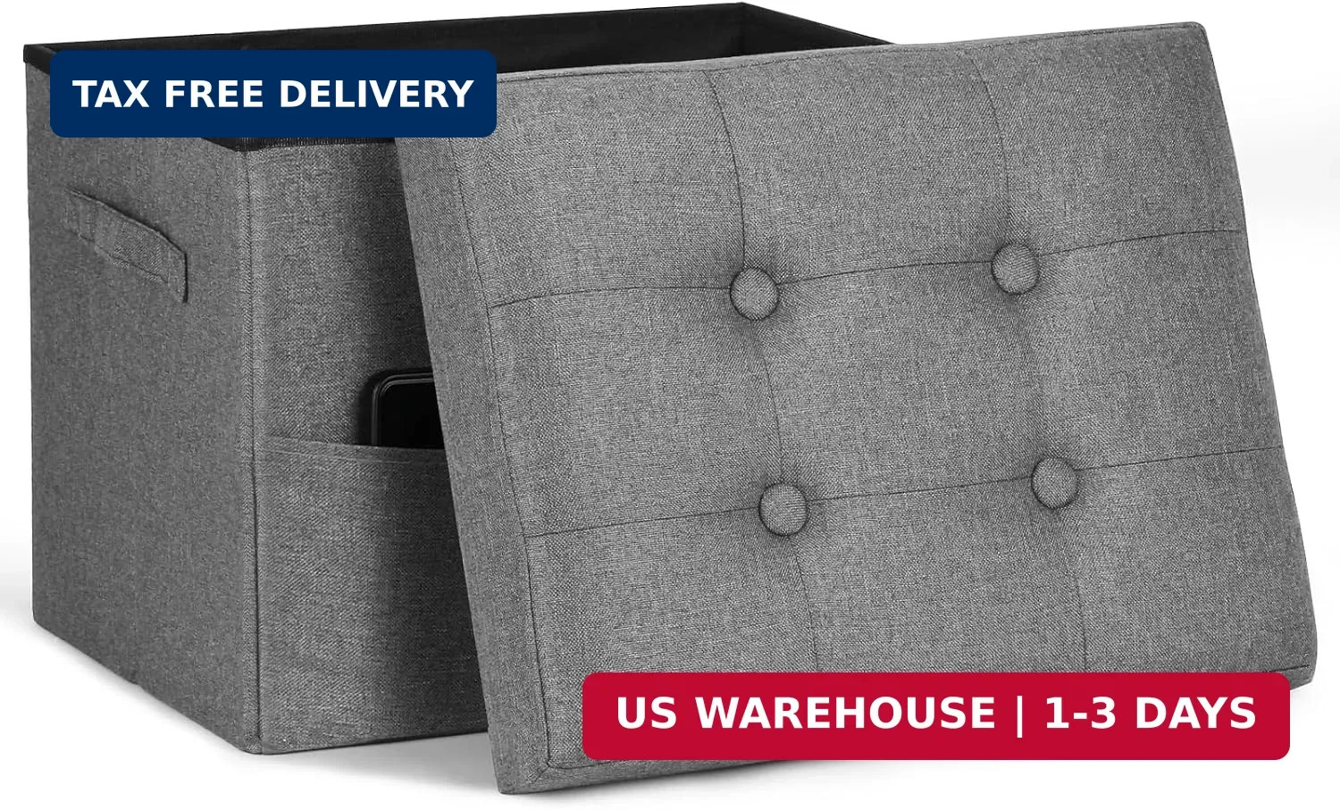 Storage Ottoman. Foot Rest Stool with Thicker Foam Padded Seat. Linen Footstool