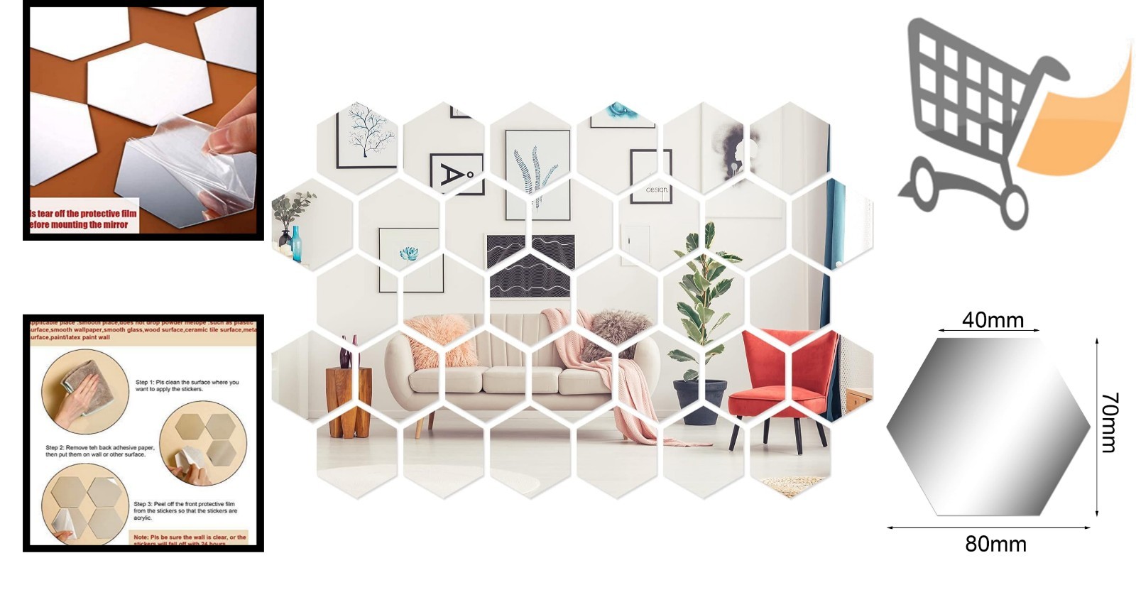 32 Pcs Silver Acrylic Hexagon Mirror Wall Stickers Removable Decor for Home O…
