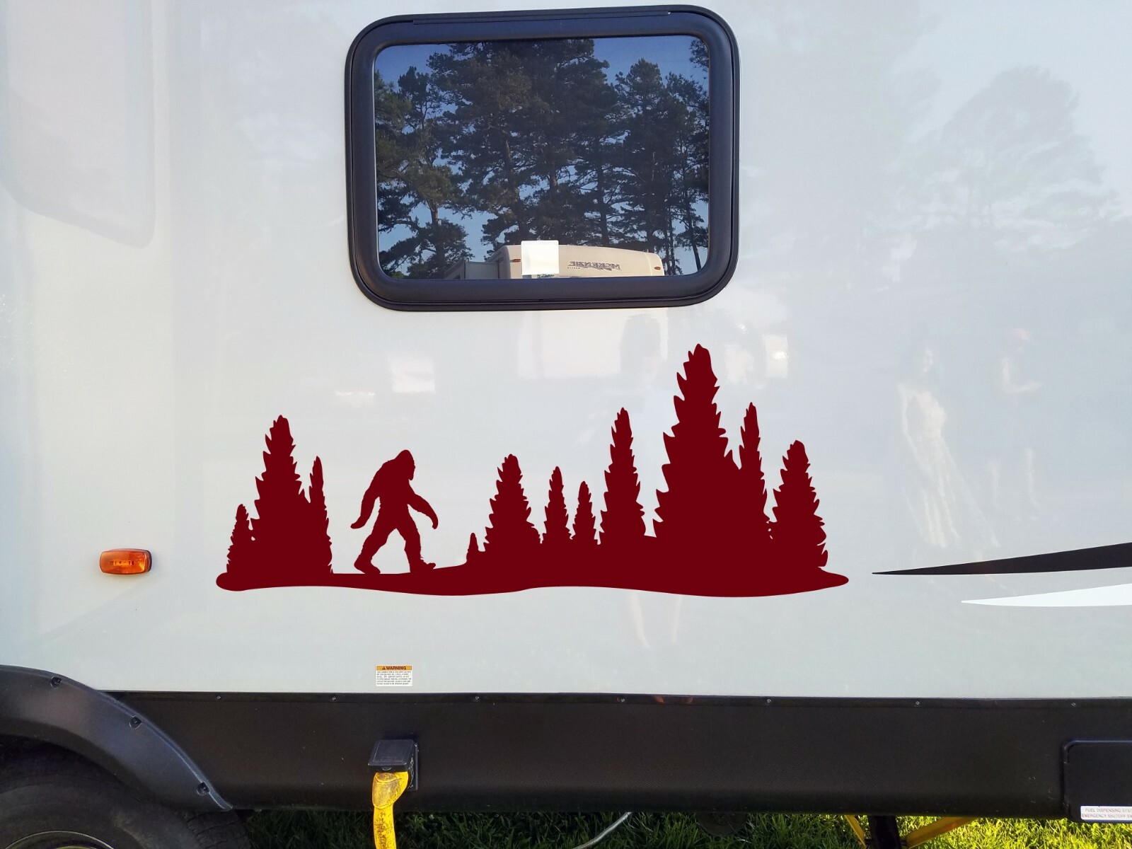 Bigfoot in Tree Line V7 Vinyl Decal | RV Motorhome Graphics Sasquatch Forest PNW