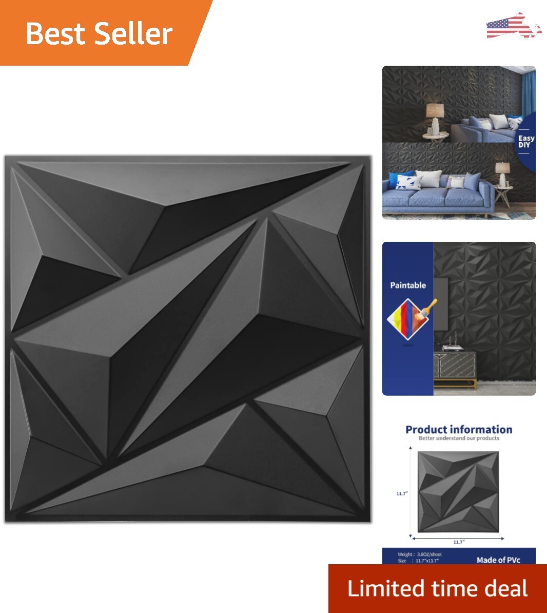 33 Luxury Diamond Wall Panels – Versatile PVC – Black – 12"x12" – 32.Sq.Ft.