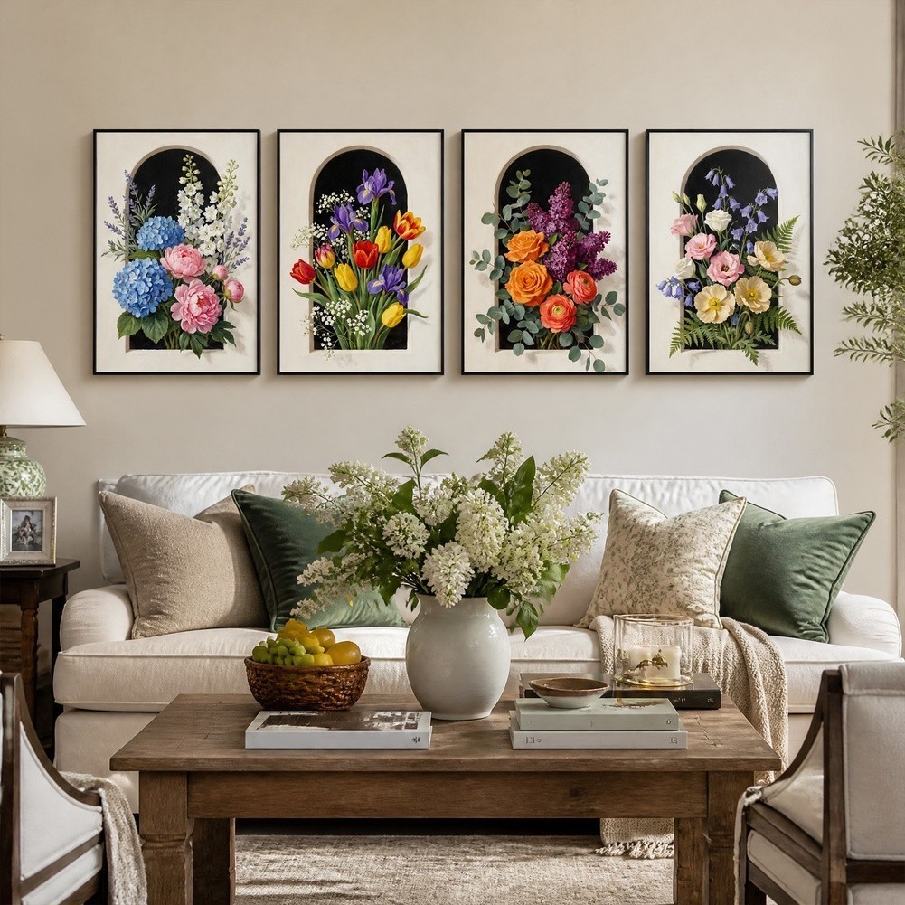 Arch Window Floral Wall Art 4 Pack Canvas Prints 11.81×15.74in Indoor Decor