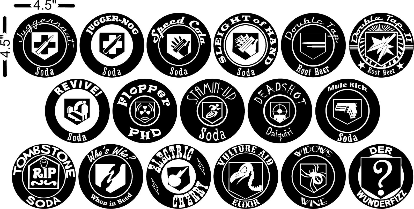 Full Set of 17 Zombie Perk Logo Stickers for Indoor – 4.5 inch Gaming Decals
